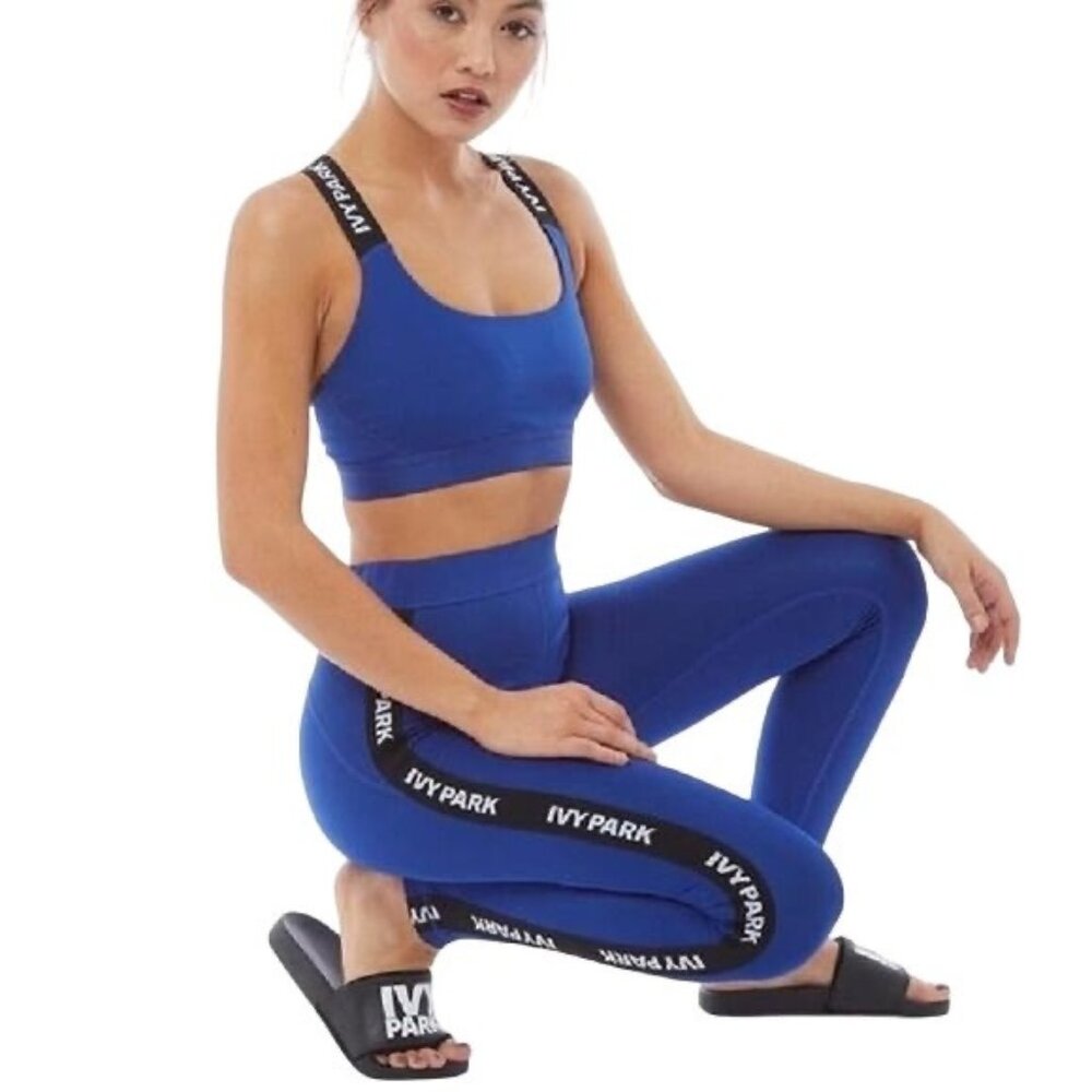 Ivy Park Womens Royal Blue Logo Side Stripe Mid Rise Full Length Leggings Size S